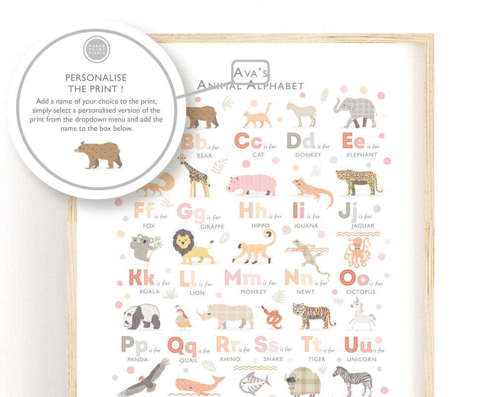 Peach Pink Animal Alphabet Print - PaperPaintPixels
