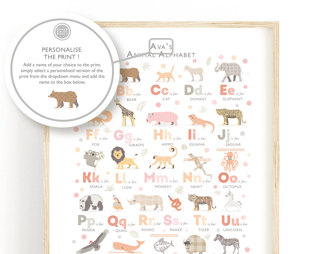 Peach Pink Animal Alphabet Print - PaperPaintPixels