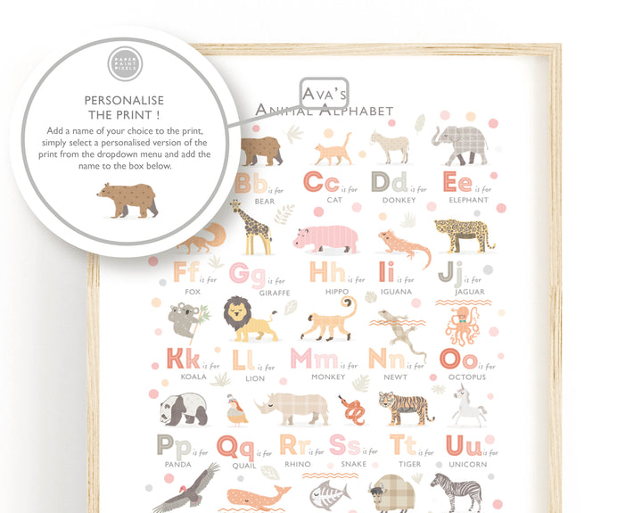 Peach Pink Animal Alphabet Print - PaperPaintPixels