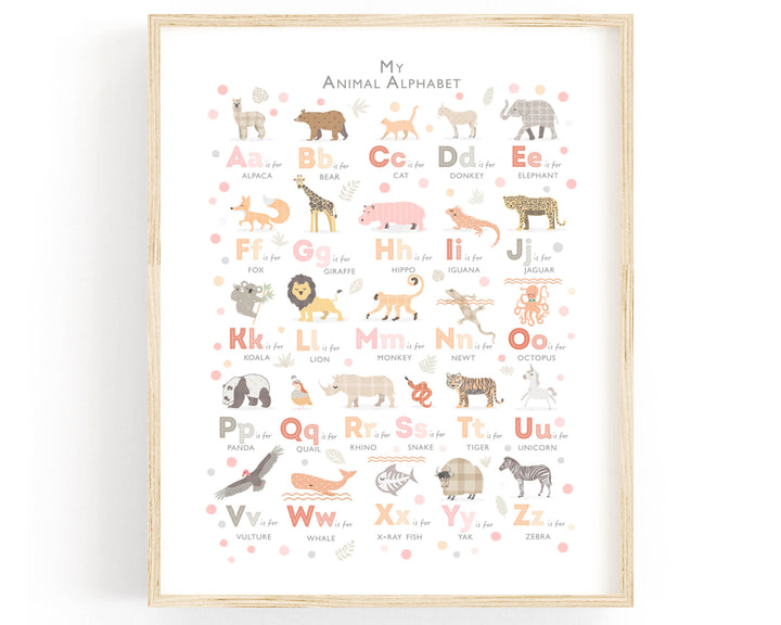 Peach Pink Animal Alphabet Print - PaperPaintPixels