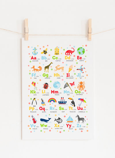 alphabet poster on white wall held up by wooden pegs