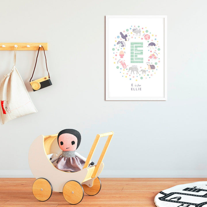 Personalised Baby Girl Name Art, Letter E Nursery Wall Art, Custom Girls Name Sign - PaperPaintPixels