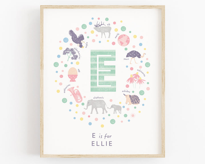 Personalised Baby Girl Name Art, Letter E Nursery Wall Art, Custom Girls Name Sign - PaperPaintPixels