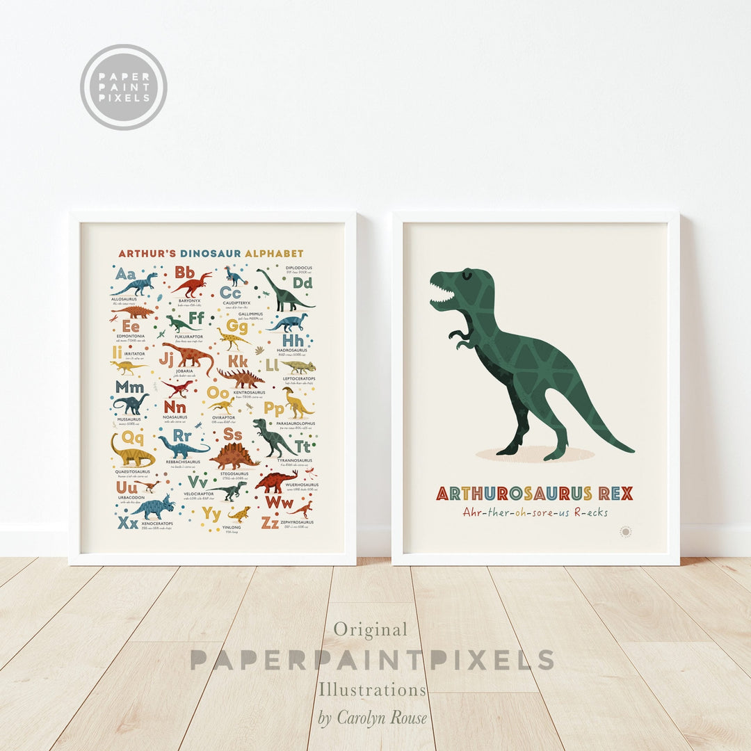 Personalised Dinosaur Alphabet & Nursery Name Art Print Set - PaperPaintPixels
