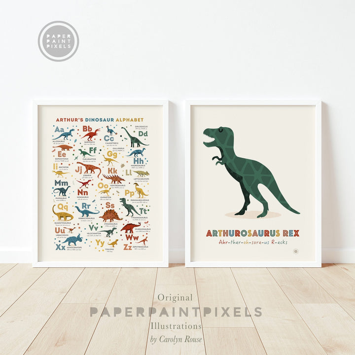 Personalised Dinosaur Alphabet & Nursery Name Art Print Set - PaperPaintPixels