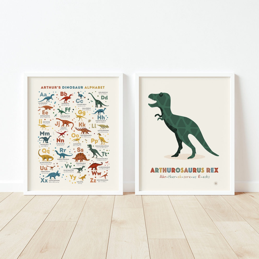 Personalised Dinosaur Alphabet & Nursery Name Art Print Set - PaperPaintPixels