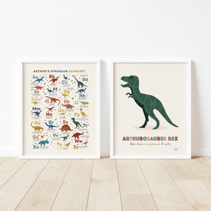 Personalised Dinosaur Alphabet & Nursery Name Art Print Set - PaperPaintPixels