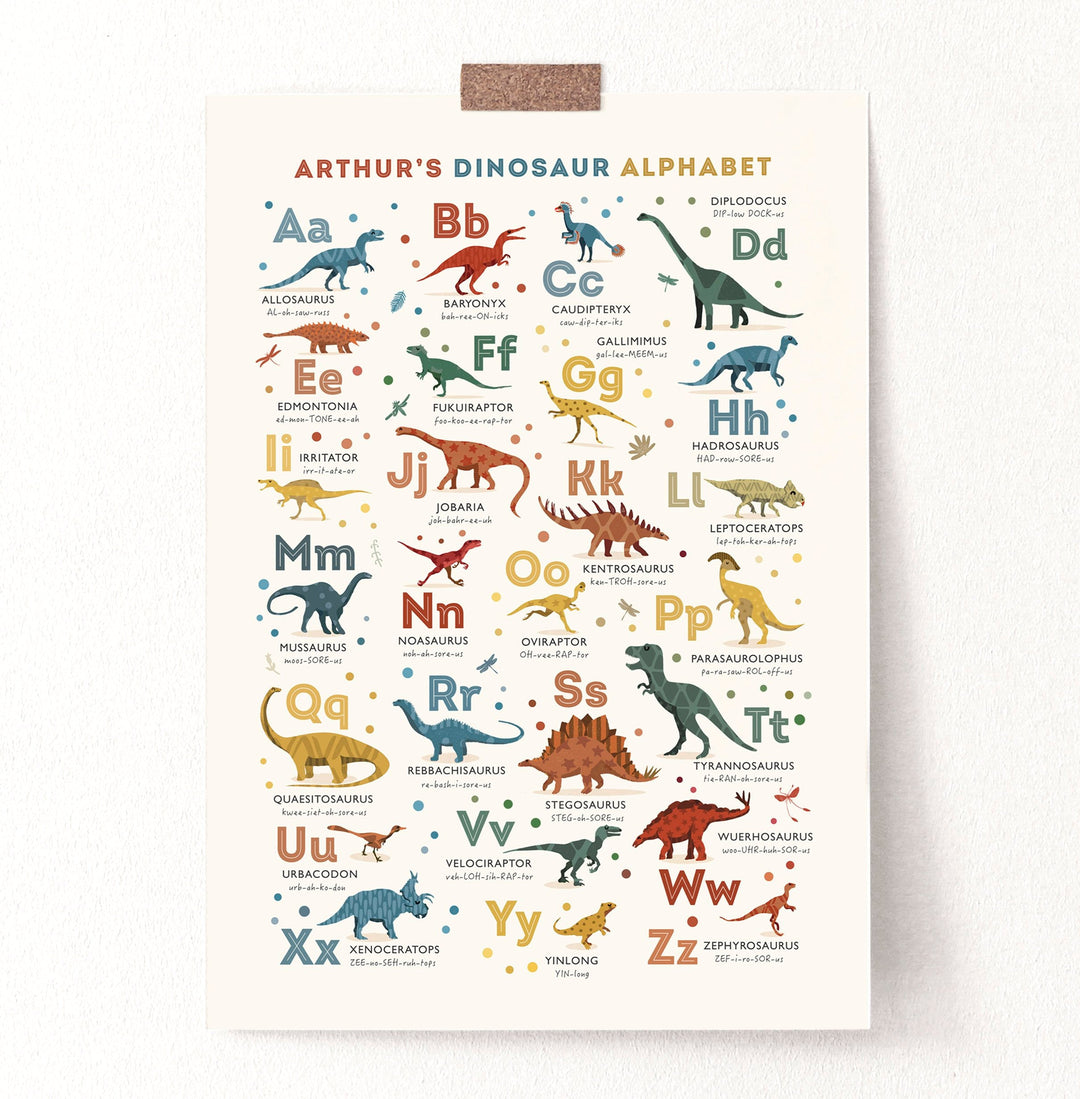 Personalised Dinosaur Alphabet & Nursery Name Art Print Set - PaperPaintPixels