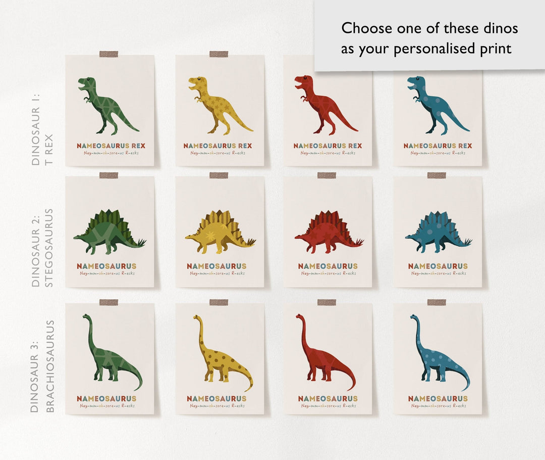 Personalised Dinosaur Alphabet & Nursery Name Art Print Set - PaperPaintPixels
