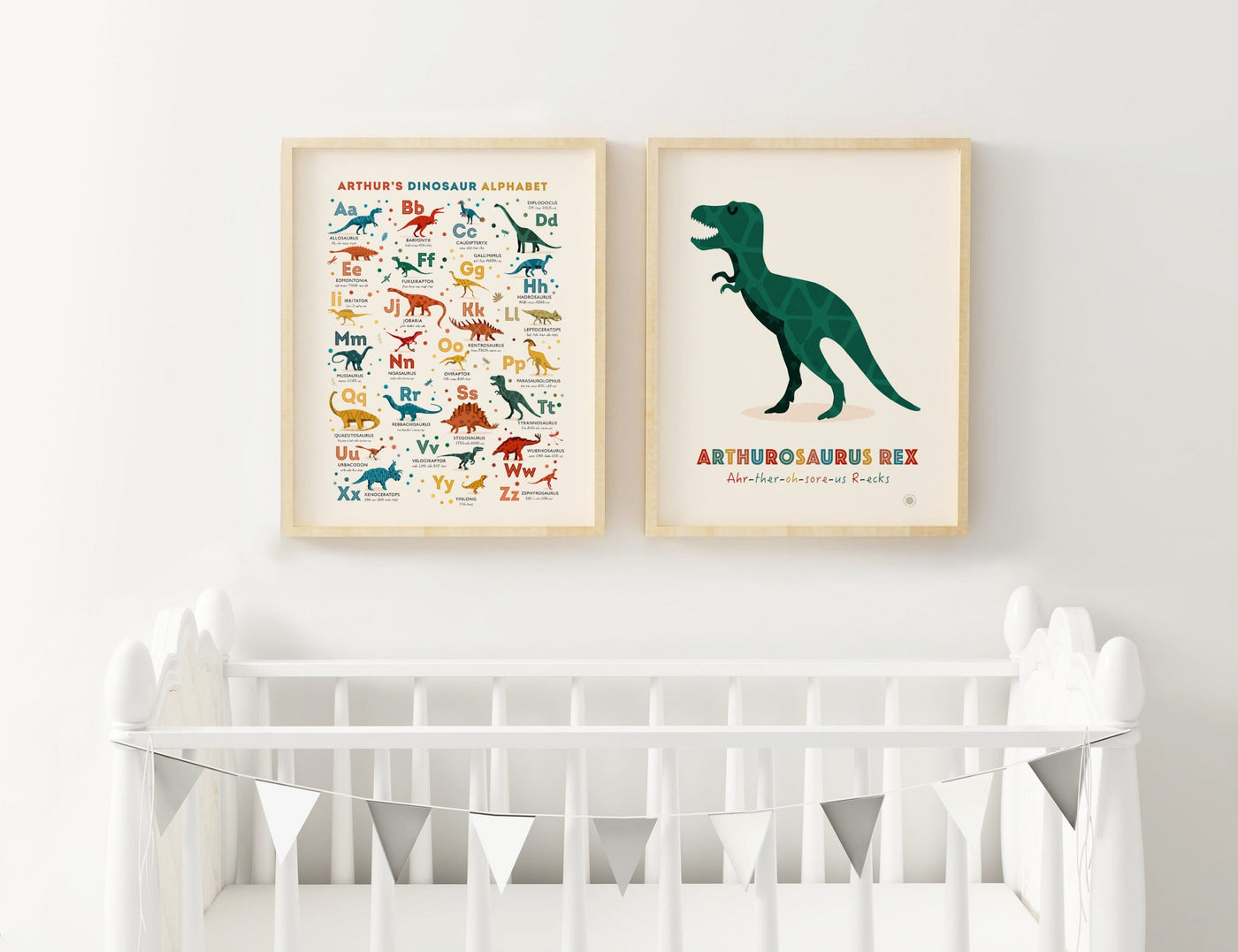 Personalised Dinosaur Alphabet & Nursery Name Art Print Set - PaperPaintPixels