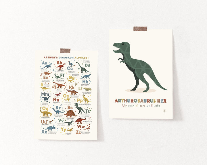 Personalised Dinosaur Alphabet & Nursery Name Art Print Set - PaperPaintPixels