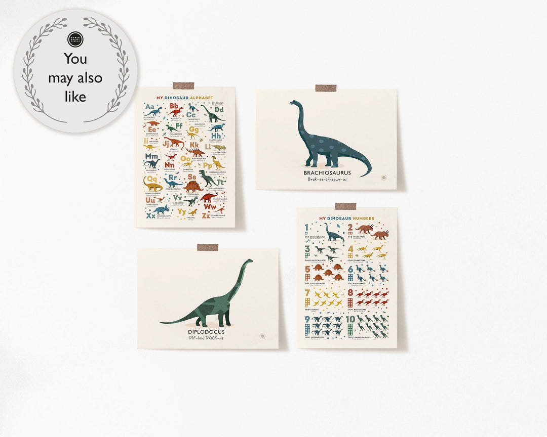 Personalised Dinosaur Alphabet & Nursery Name Art Print Set - PaperPaintPixels