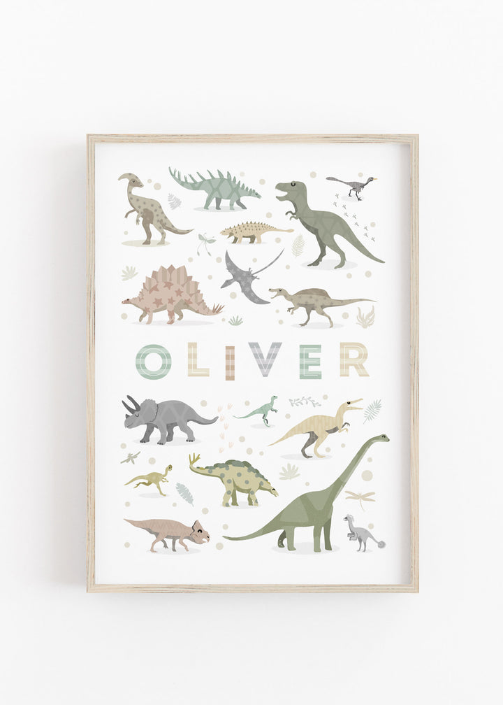 A framed dinosaur-themed artwork with various illustrations of dinosaurs and vegetation, with the name personalised with a name  of your choice printed in the center.