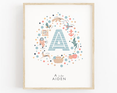 Personalised Boys Initial Letter Print - Letter A in blue, framed in oak on a white background