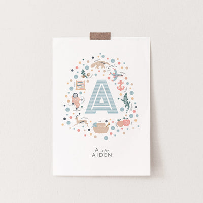 Personalised Boys Initial Letter Print - Letter A , unframed on a cream wall