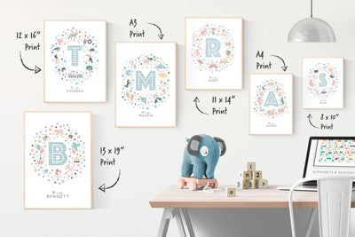  example sizes of the Personalised Boys Initial Letter Prints