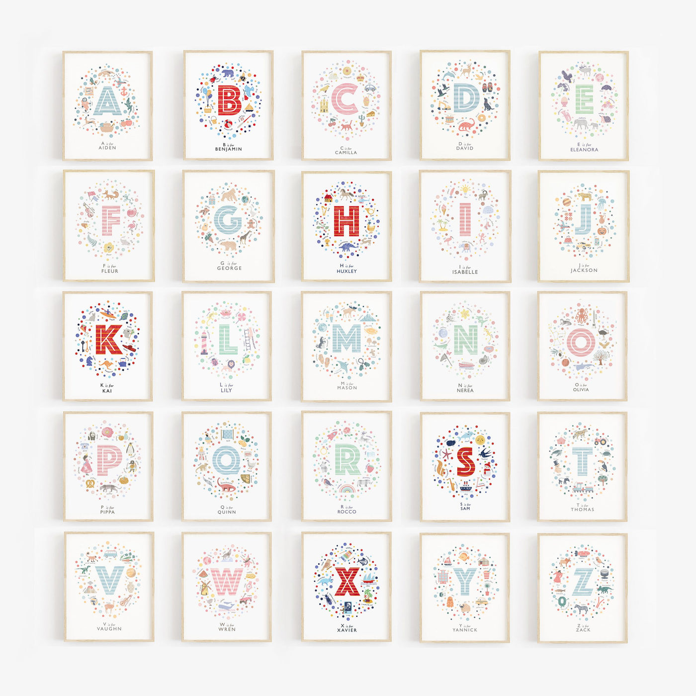 a collection of 25 personalised initial letter prints together on the wall, the only letter not represented is U