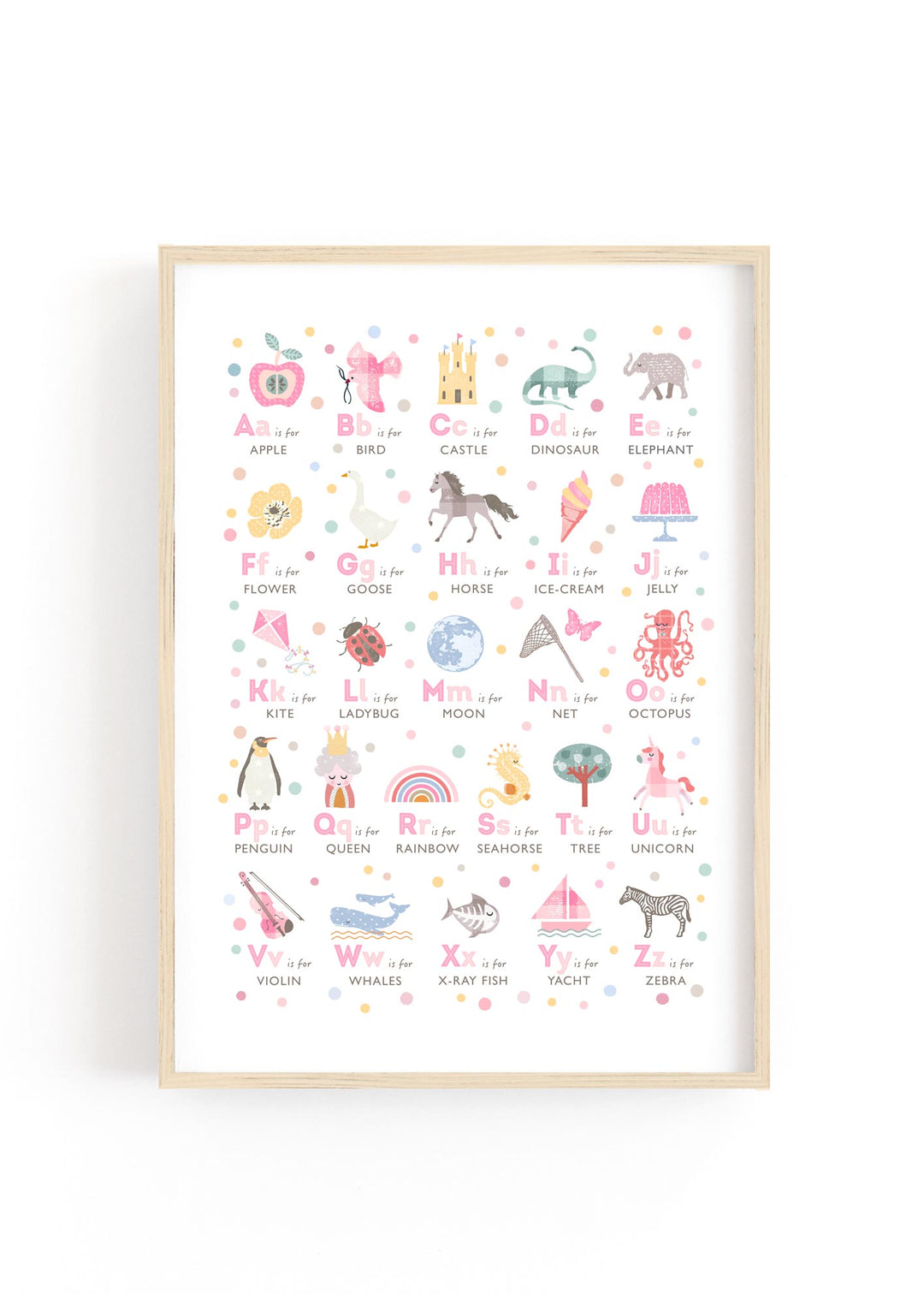 Modern pink alphabet print for a girl's nursery or playroom.