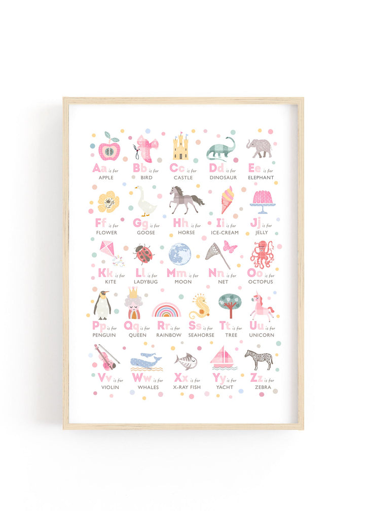 Modern pink alphabet print for a girl's nursery or playroom.