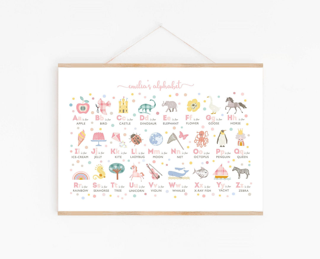 Pink Girls Alphabet Wall Art Print, Personalised - PaperPaintPixels