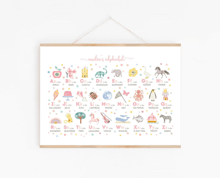 Pink Girls Alphabet Wall Art Print, Personalised - PaperPaintPixels