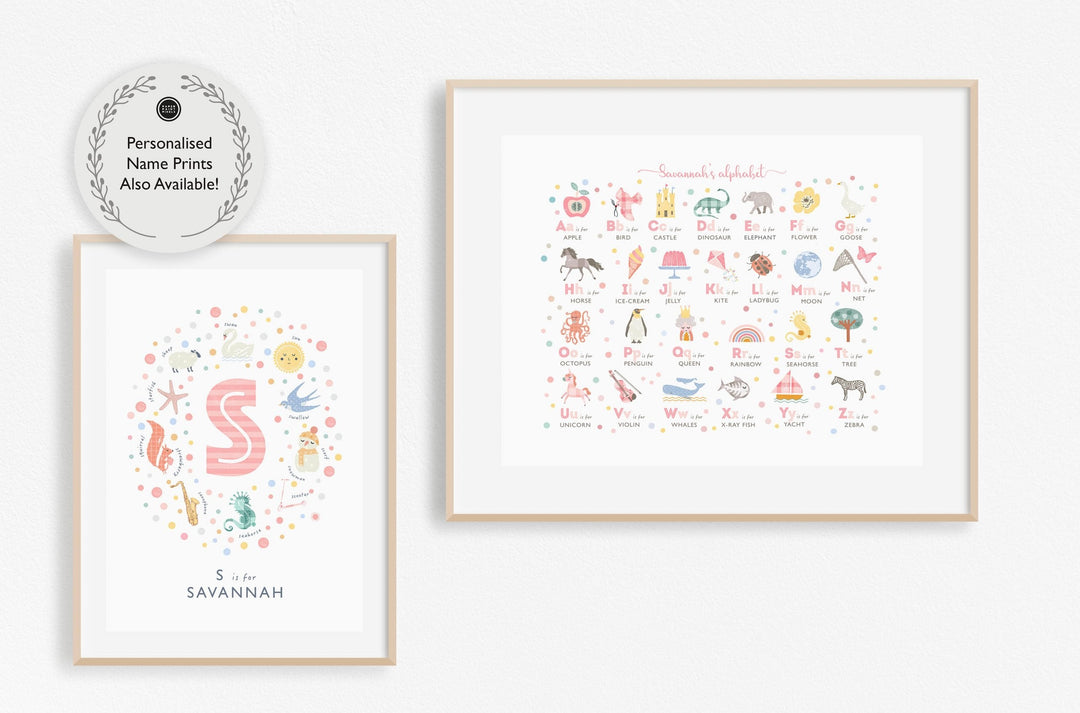 Pink Girls Alphabet Wall Art Print, Personalised - PaperPaintPixels