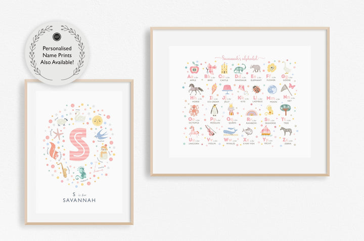 Pink Girls Alphabet Wall Art Print, Personalised - PaperPaintPixels