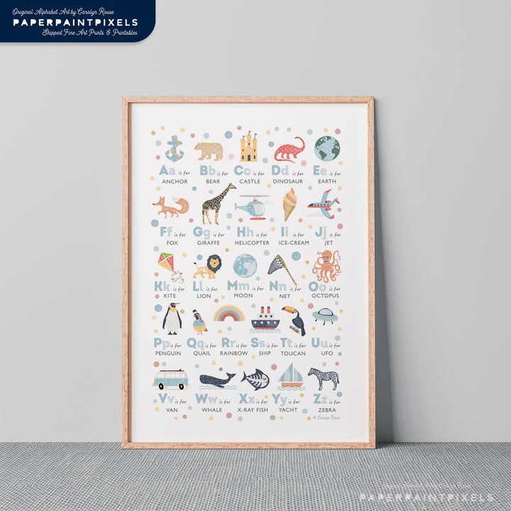 blue alphabet poster in grey room 