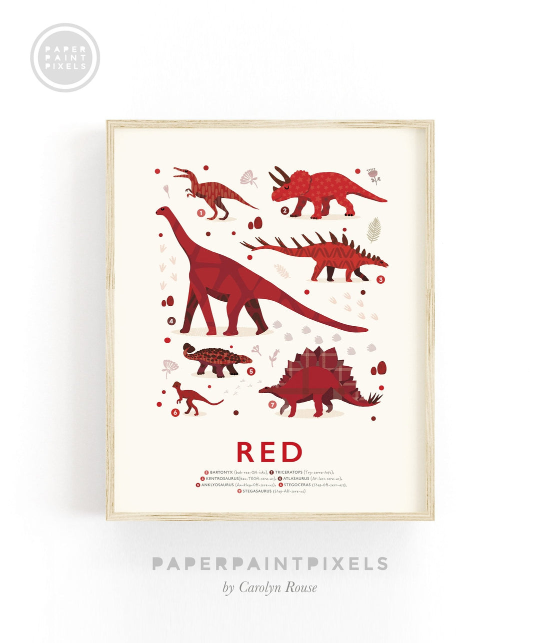 Red Colours Dinosaurs Print - PaperPaintPixels