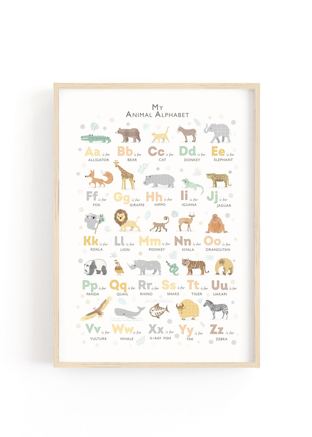 Safari Nursery Alphabet Print - Hand-illustrated safari alphabet print for a gender-neutral nursery.