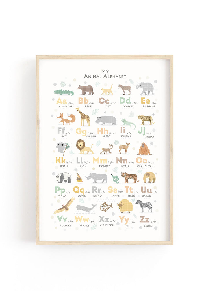 Safari Nursery Alphabet Print - Hand-illustrated safari alphabet print for a gender-neutral nursery.