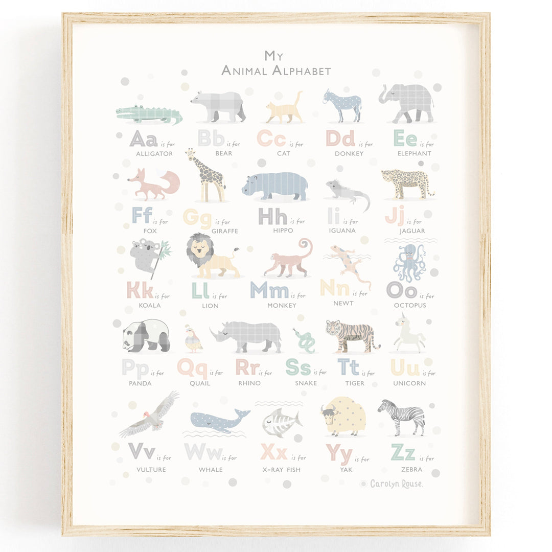 Soft Grey Safari Animal Alphabet Print - PaperPaintPixels