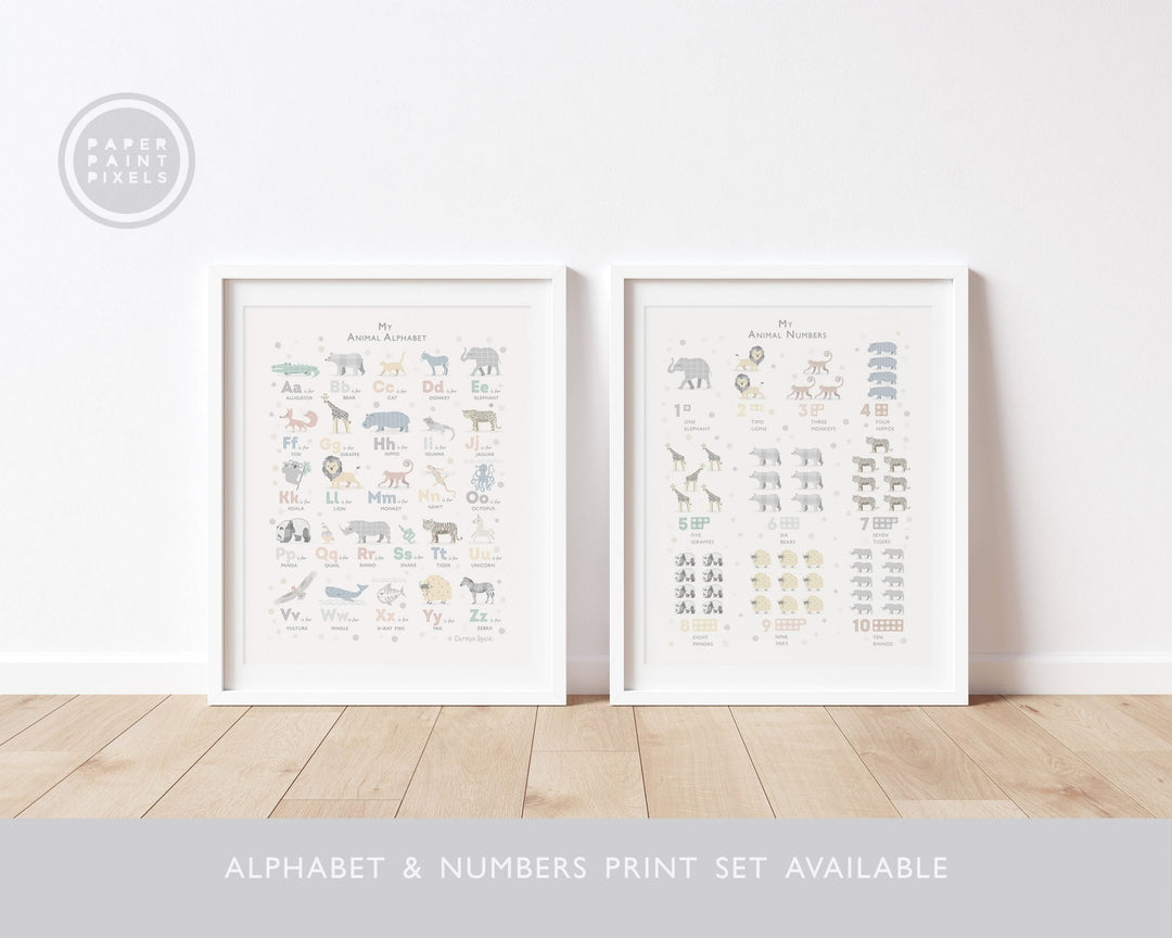 Soft Grey Safari Animal Alphabet Print - PaperPaintPixels