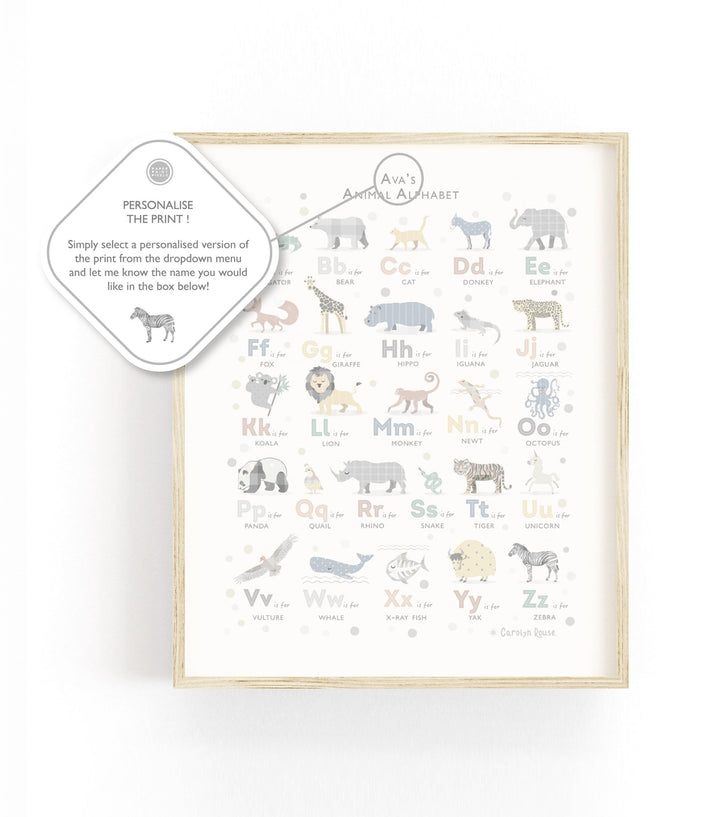 Soft Grey Safari Animal Alphabet Print - PaperPaintPixels