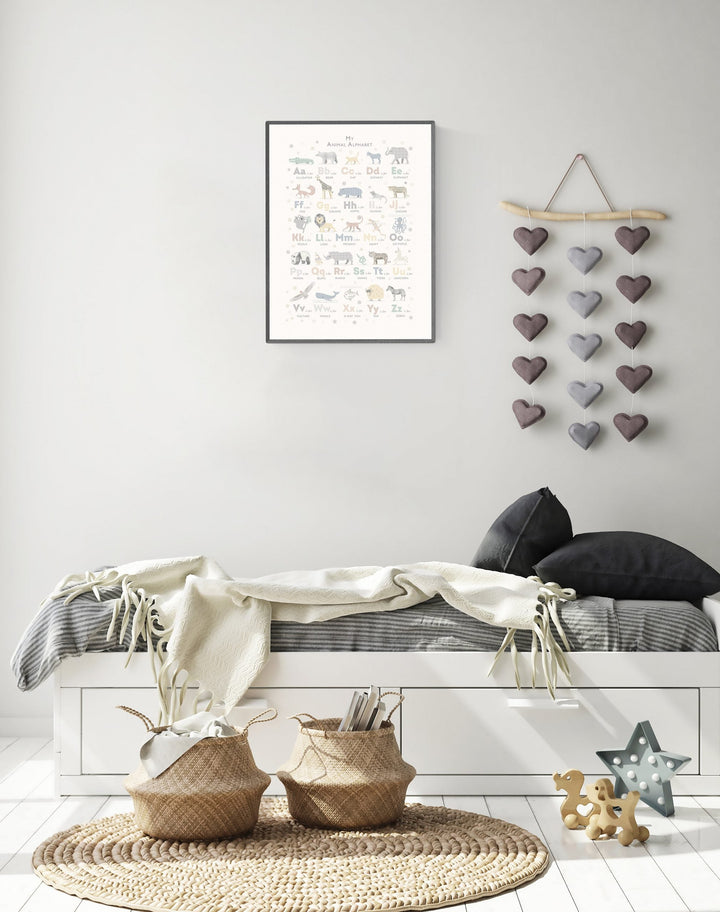 Soft Grey Safari Animal Alphabet Print - PaperPaintPixels