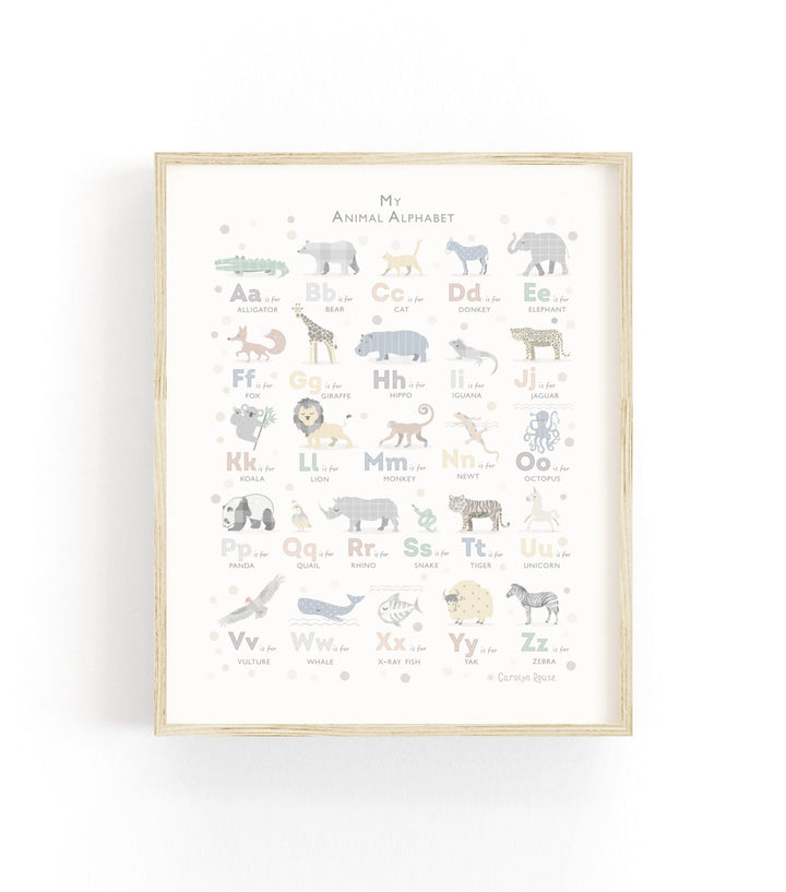 Soft Grey Safari Animal Alphabet Print - PaperPaintPixels