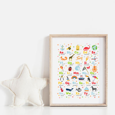 alphabet poster in a frame with a white linen star next to it